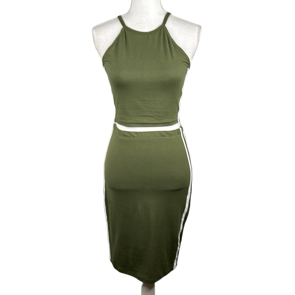 Love 2 pc. Olive with White Stripe Midi Skirt & Crop Top Size Medium